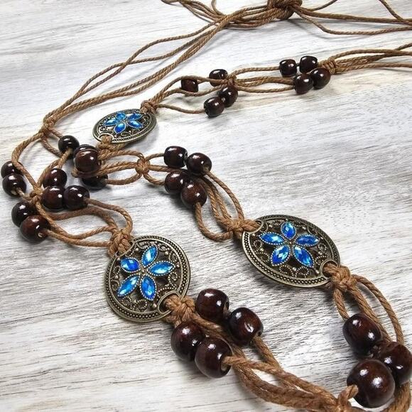 Rockabit Accessories - Boho Braided 5 Leaf Rhinestone Blue And Brown Beaded Woven Soft Tie Belt D0500